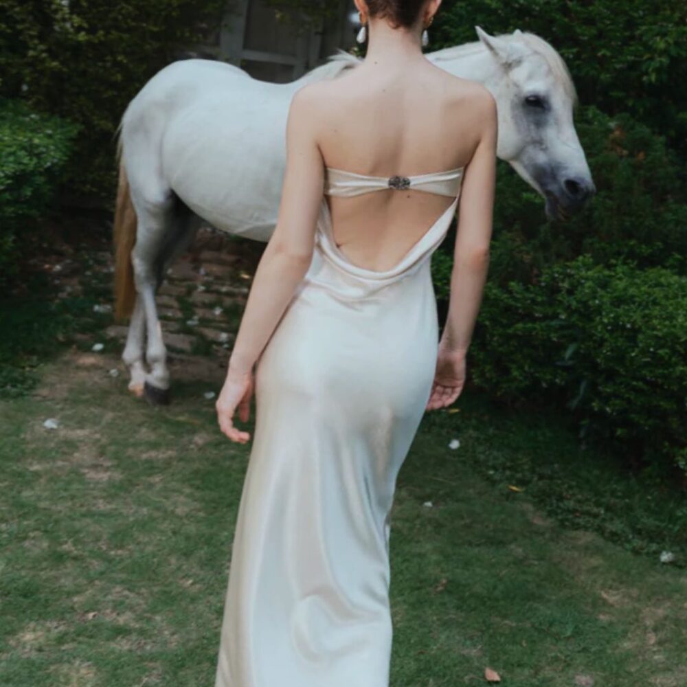 Ivory Satin Strapless Evening Gown "Luna Whisper" DR721