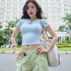 Sky Blue Ribbed Crop Top & Mint Green Wide-Leg Pants Set – Fresh Urban Street Style