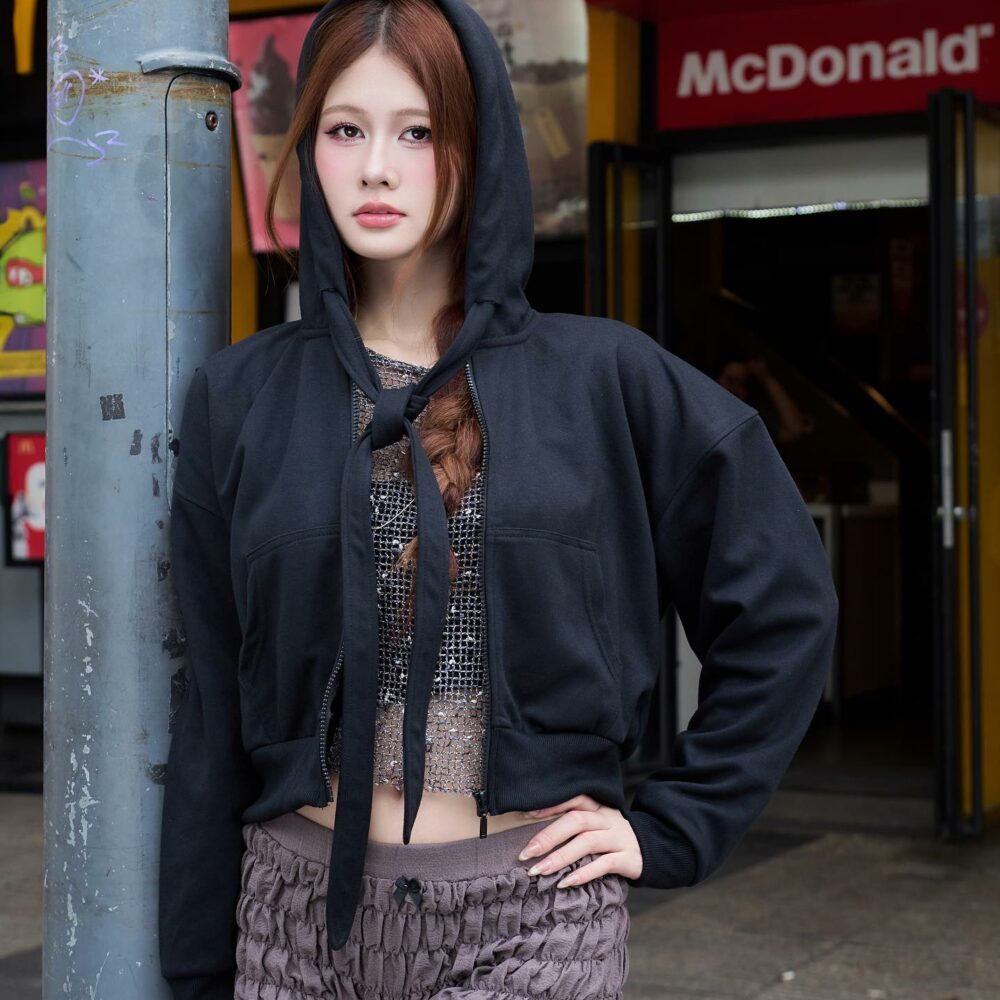 Black Hoodie & Mesh Sequin Top with Brown Textured Shorts – Edgy Street Glam Look