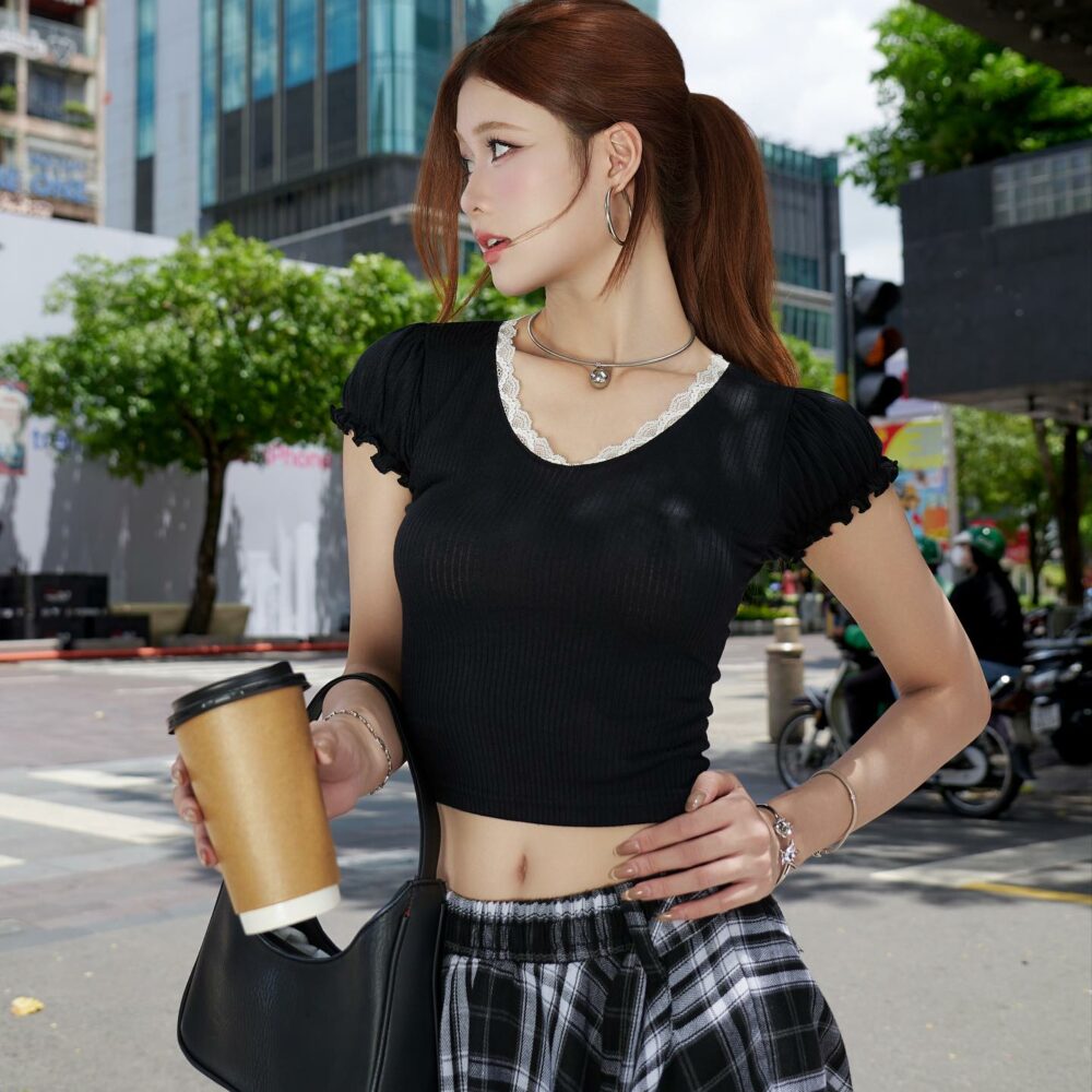 Black Lace-Trim Crop Top & Asymmetrical Plaid Skirt Set – Modern Street Style Outfit