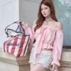 Pink Off-Shoulder Ruffle Blouse & White Textured Shorts Set – Sweet Romantic Street Look
